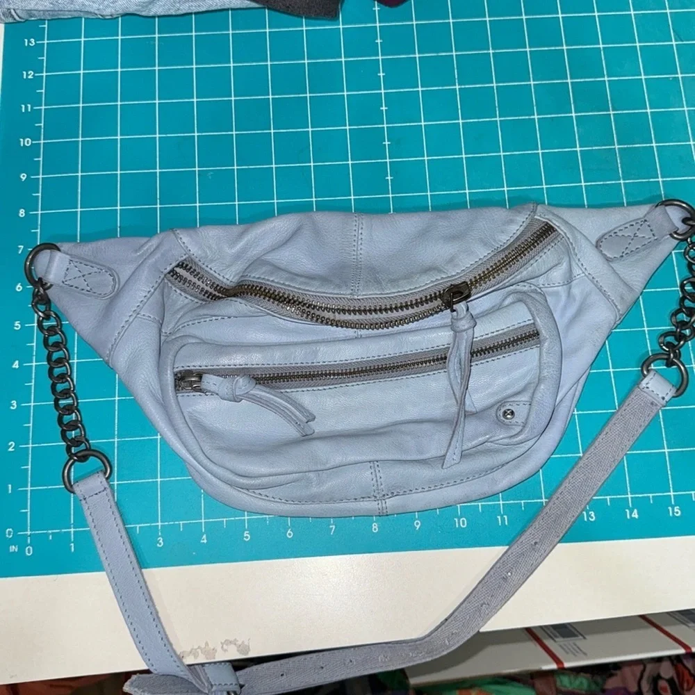 Free People Light Blue Goa Leather Archer Sling Waist Bag  Fanny Pack 7x15x3